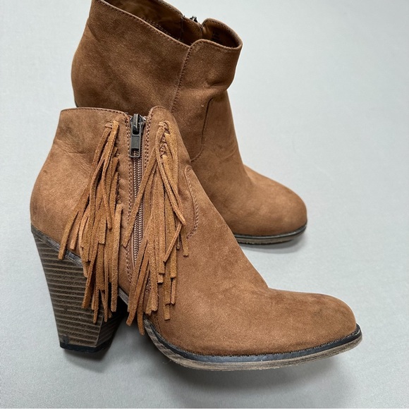 MIA Shoes - MIA Lissa chestnut brown fringe zipper heeled booties ankle boots, women’s 8.5
